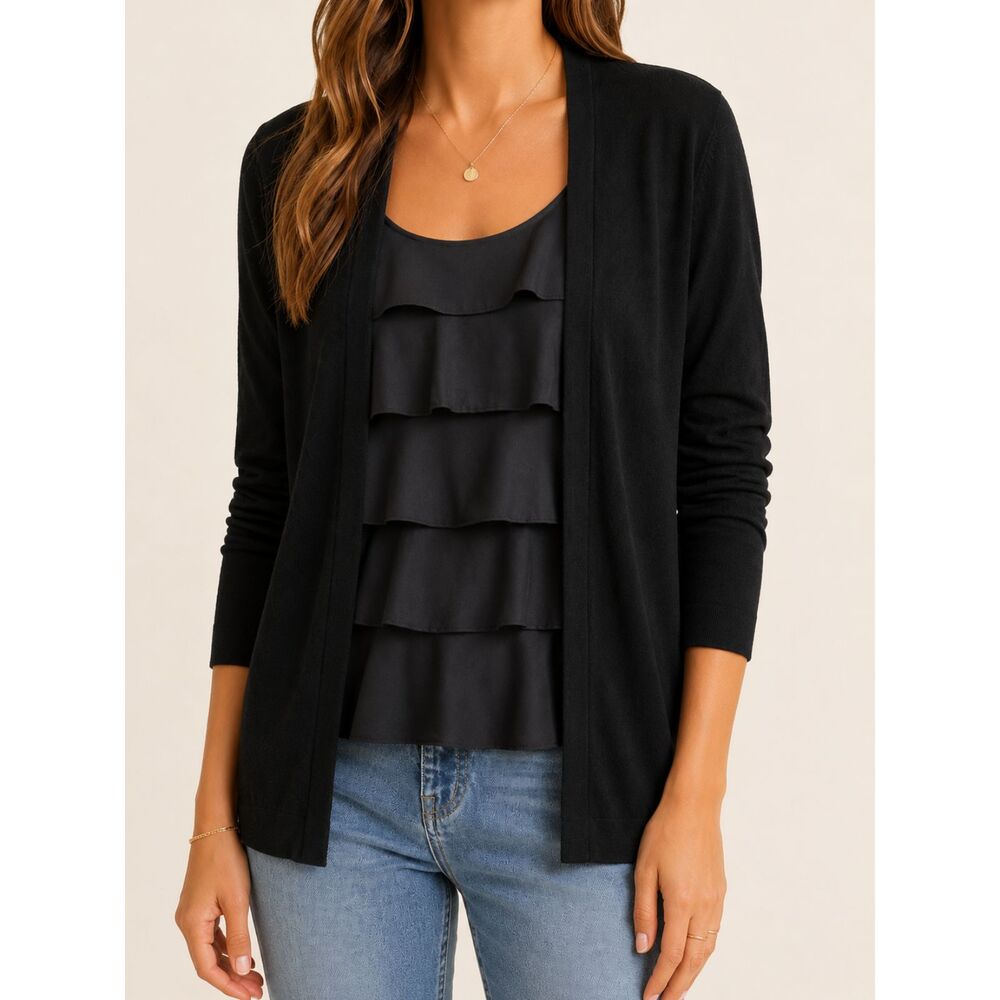 August Silk Black Silk Blend Ruffle Front Faux Cardigan Sweater Large